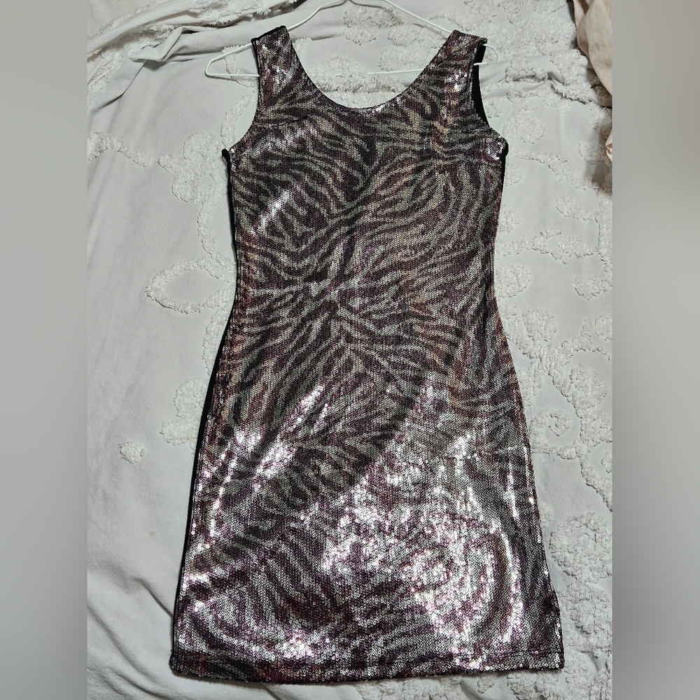 Zebra Print Purple + Silver Sequin, Black Open Back Mini Dress Bodycon Sz S